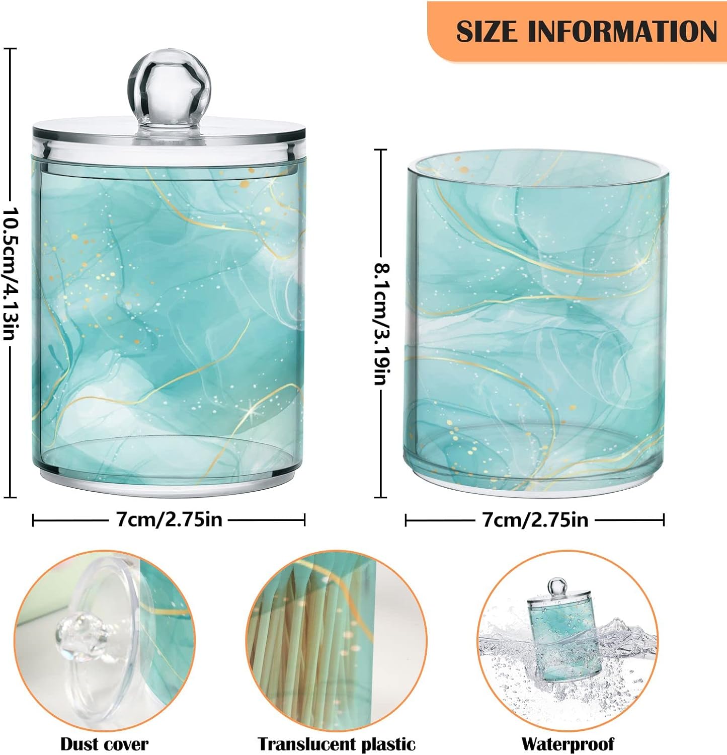 2 Pack Qtip Holder Dispenser Turquoise Marble Bathroom Storage Canister Lid Acrylic Plastic Apothecary Jar Set Vanity Makeup Organizer for Cotton Swabs/Pads/Floss