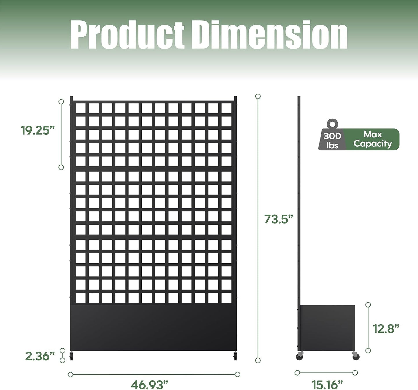 Metal Planter Box with Trellis Privacy Screen, Raised Garden Bed with Lattice Trellis & Wheels, Privacy Planters for Patio, Planter Box for Climbing Plants, Flower, 73"x 47"x 16", Black