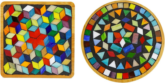 Lanyani 2 Sets of DIY Mosaic Craft Kits Mosaic Tiles Coaster Kit Make Your Own Mosaic Project Handmade Craft Set with Stained Glass Mosaic Tile Pieces for Decoration and Gift