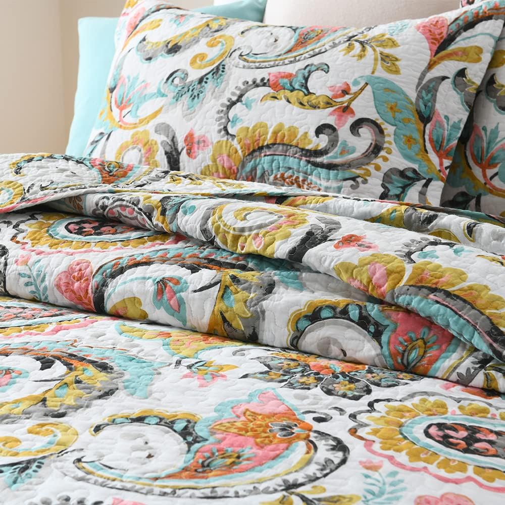 Autumn Dream Cotton Bedspread Quilt Sets, 3 Pieces Reversible Comforter Coverlet Sets,White Floral Paisley,King Size