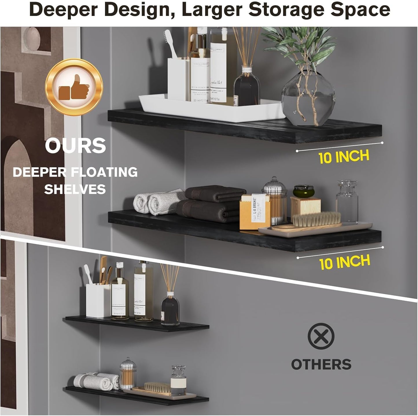 Wall Shelf Set of 2,Dark Wood Floating Shelves 24 in W x 10 in D x 1 in H, Wooden Floating Wall Shelf with Invisible Brackets for Living Room/Bedroom/Bathroom/Kitchen Storage and Decor