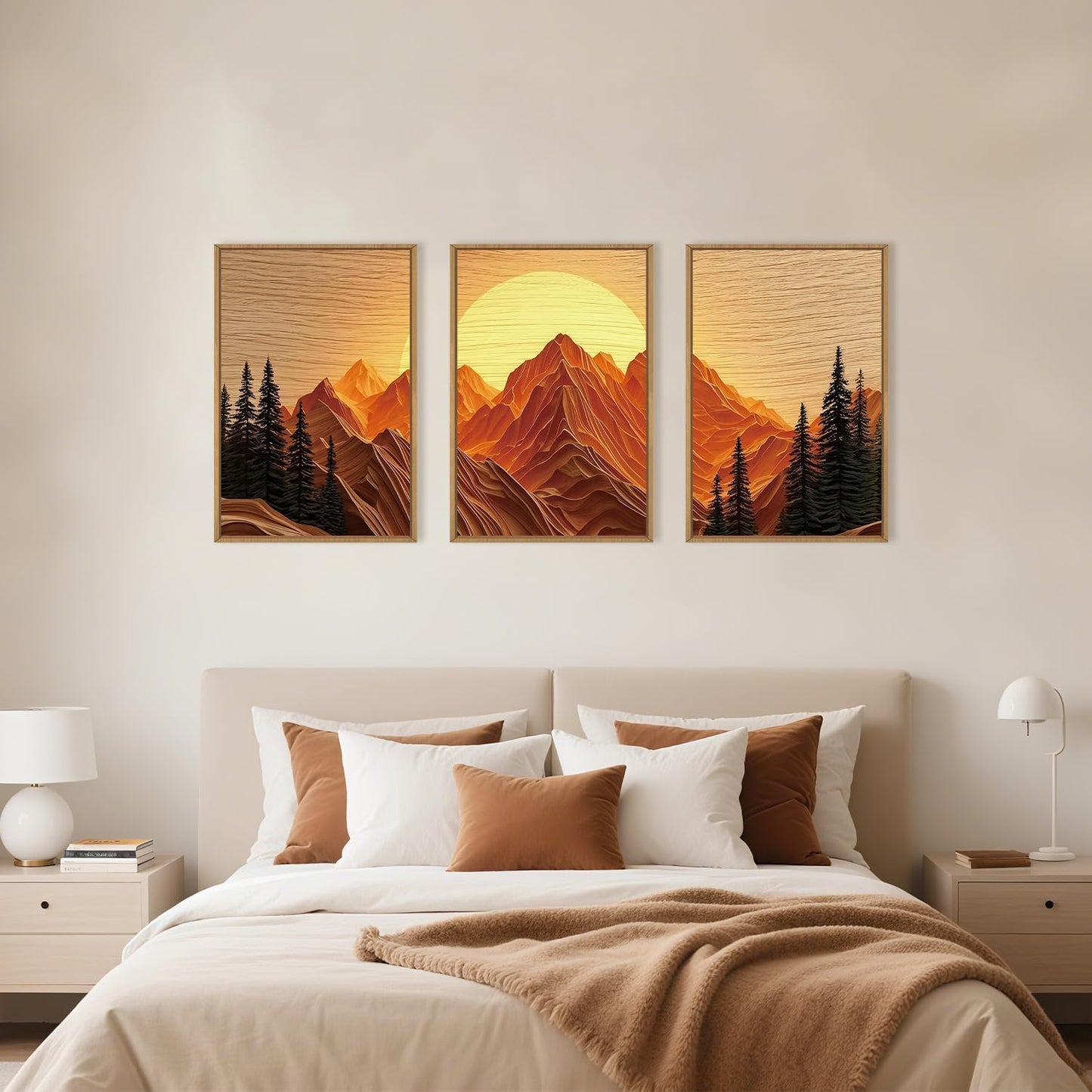 Large Mountain Framed Canvas Wall Art Set, Abstract Ridge Sun Painting, Boho Sunset Scenery Wall Decor,Modern Natural Landscape Art Print for Living Room,Bedroom,Office-16 x24 x3