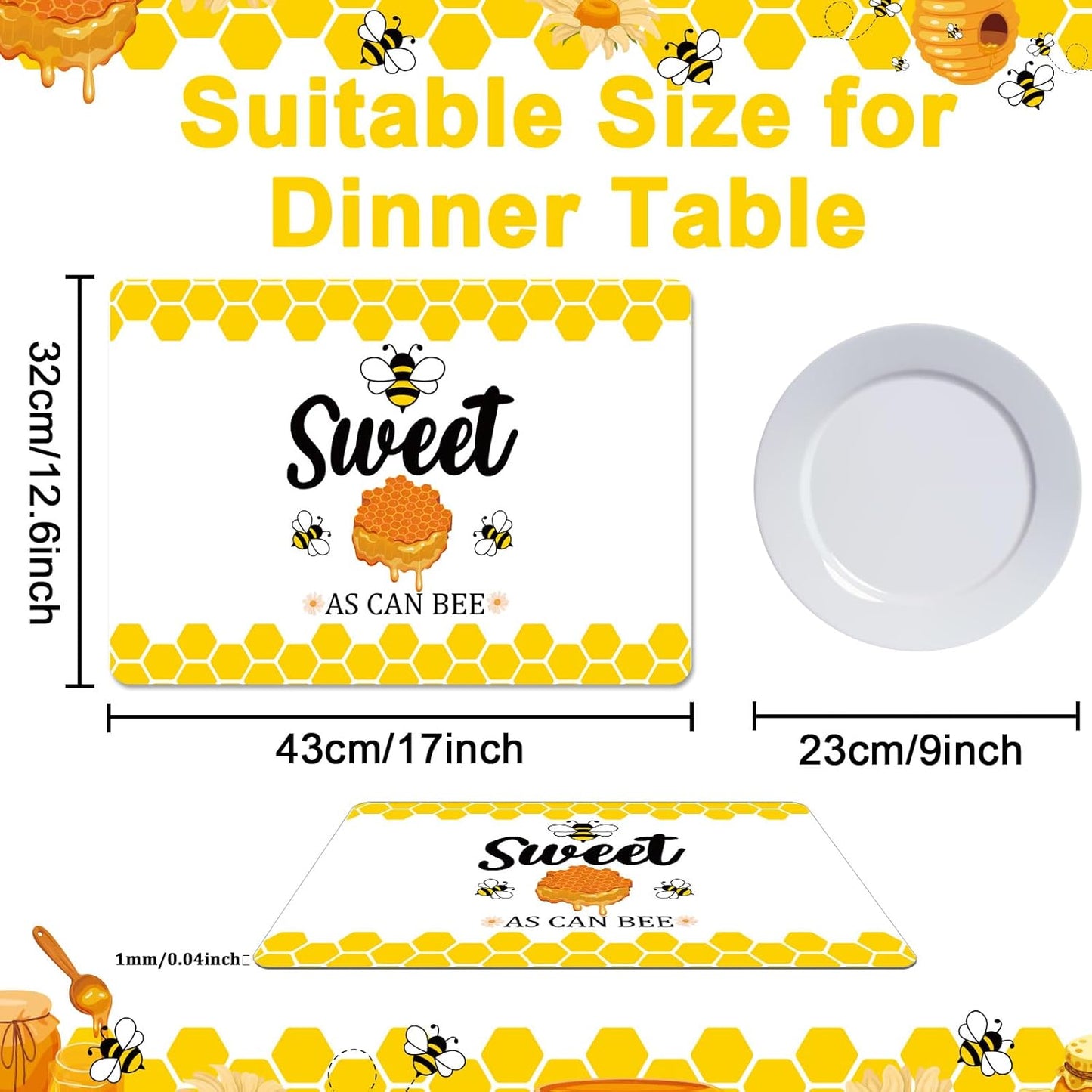 Honey Bee Placemats Set of 6 Summer Plastic Table Mats Yellow Bee Theme Placemats Washable Farmhouse Rustic Holiday Table Decoration for Indoor Outdoor Party Kitchen Dining