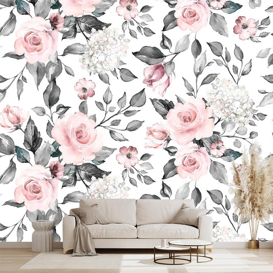Grey Leaf Pink Flowers Mural Bedroom Floral Wallpaper Room Decor Living Room tv Background Large Wall Mural - 160"x108" (Not Peel and Stick)