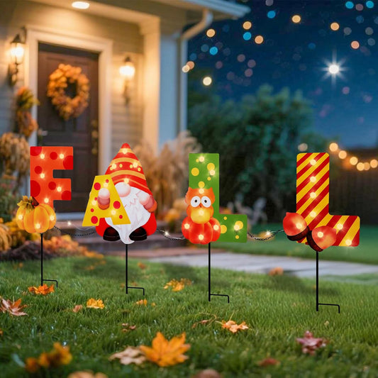 WONDER GARDEN Fall Yard Stakes Yard Signs, 4 Pack Metal Thanksgiving Lighted Garden Stakes, Gnome Sign with LED Lights for Harvest,Outdoor, Lawn,Farmhouse Decorations
