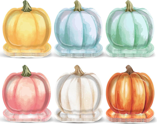 60Pcs Thanksgiving Pumpkin Paper Plates Autumn Fall Party Decoration Tableware Set Watercolor Disposable Dinnerware Pumpkin Shaped Dessert Dish for Harvest Halloween Birthday Baby Shower Supplies