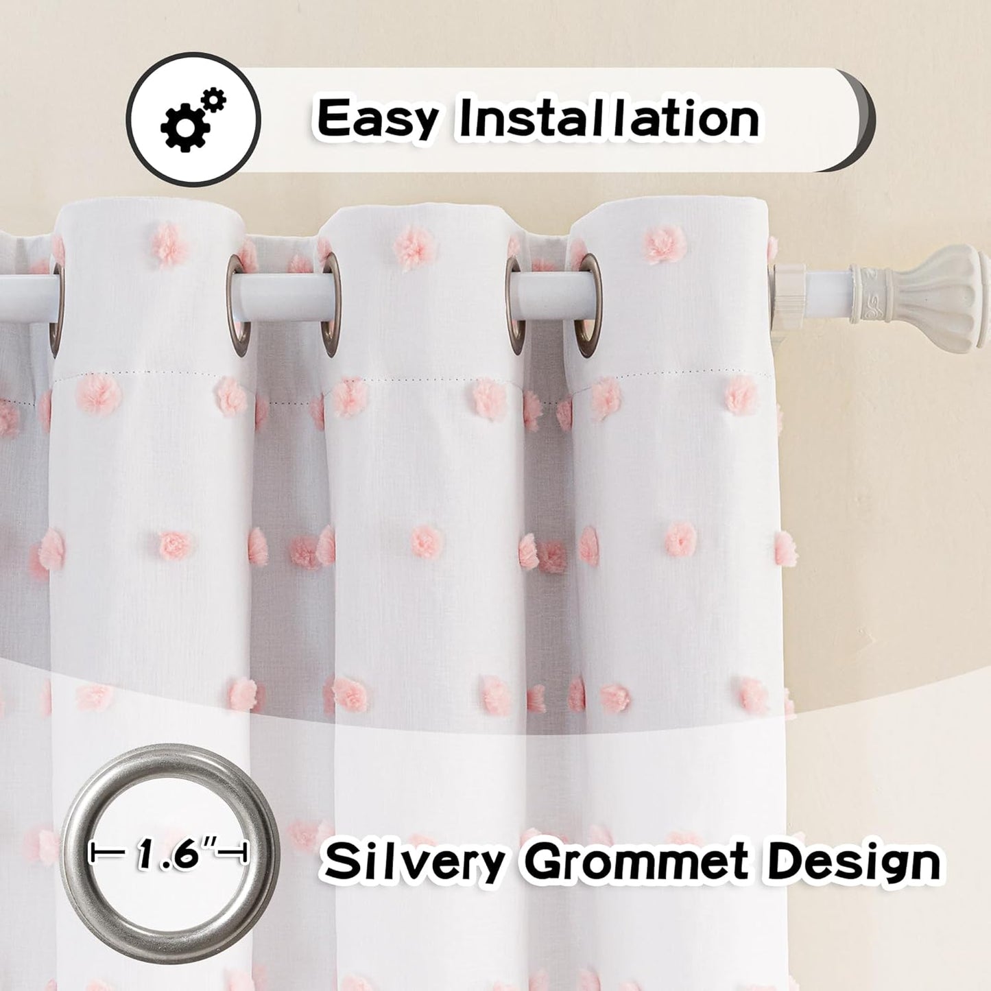 MYSKY HOME 100% Blackout Curtains for Girls Bedroom 95 Inch Long Total Light Blocking Curtains for Living Room 2 Panels Grommet Sliding Door Room Darkening Drapes with Pink Pom Pom Sheer 52 x 95 Inch