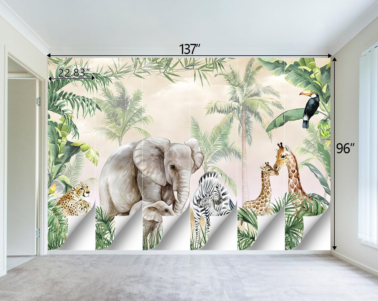 Tropical Animal Plants wallpeper Nursery Kids Bedroom Elephant Wall Mural - 137"x96"（Not Peel and Stick）