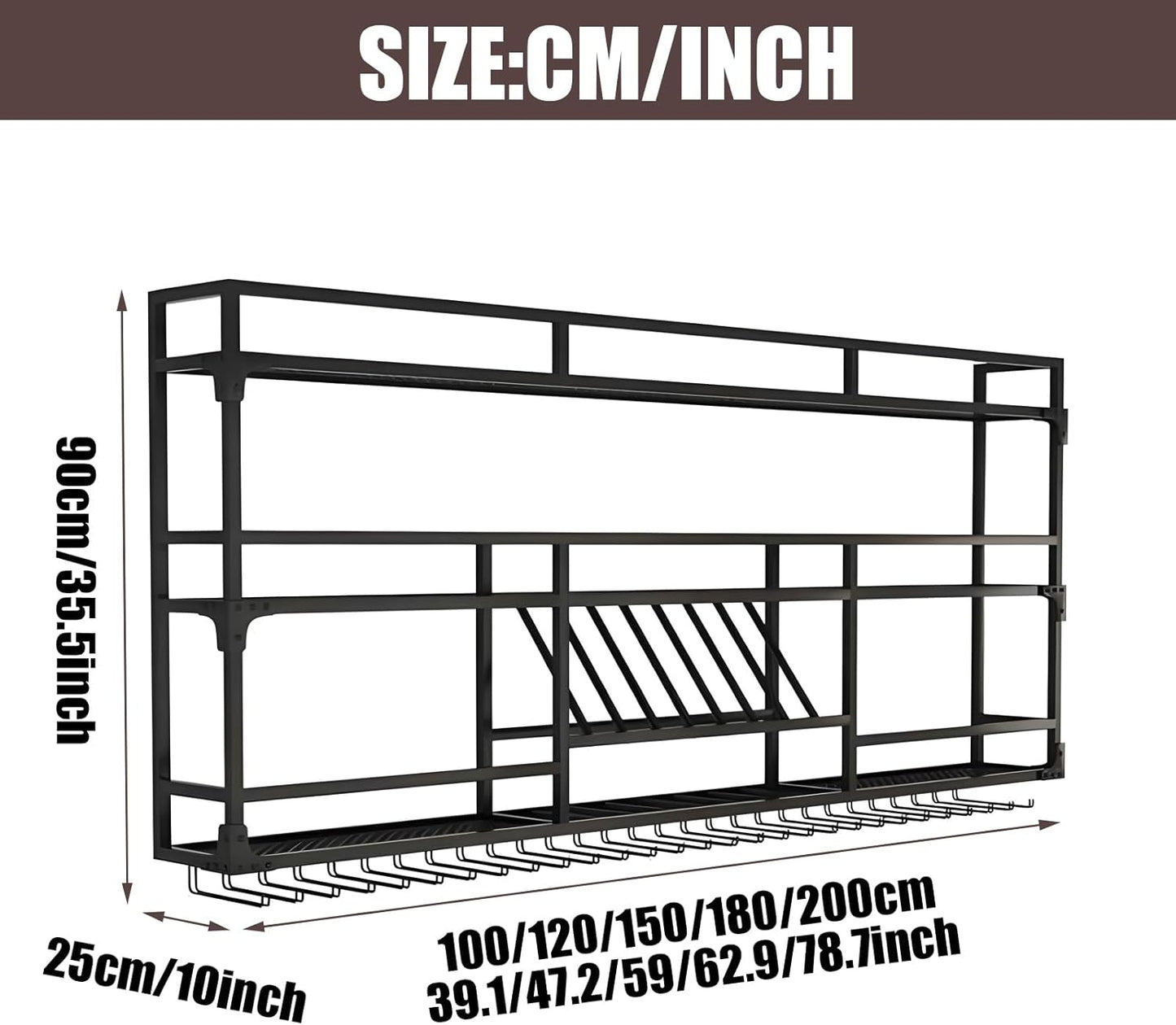 47.2in Wall Mounted Wine Rack, Wine Rack Wall Mounted With Wine Glass Rack, Metal Bar Bottle Display Shelf Wine Cups Hanging Holder, For Home Bar Cafe Dining Room Decoration (BLACK, 47.2*10*35.5inch)