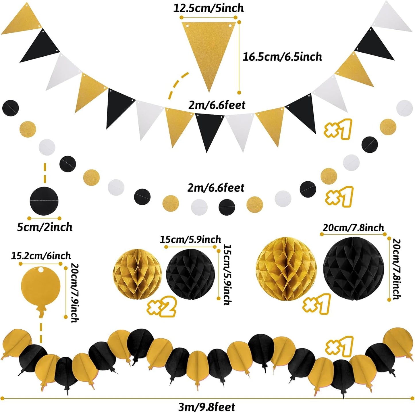 Black Gold Party Decorations, New Years Eve Party Supplies Easy Assembly Paper Fan Honeycomb Ball Garland Hanging Swirl for Graduation Congrats Grad Birthday Happy New Year Party