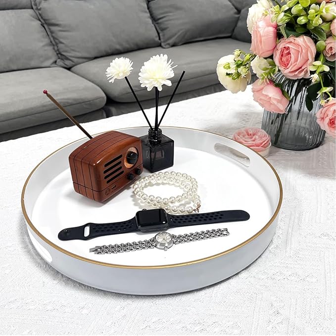 13" Round Decorative Tray, White Serving Tray with Handles, Plastic Coffee Table Tray for Ottoman, Living Room, Bathroom, Décor.