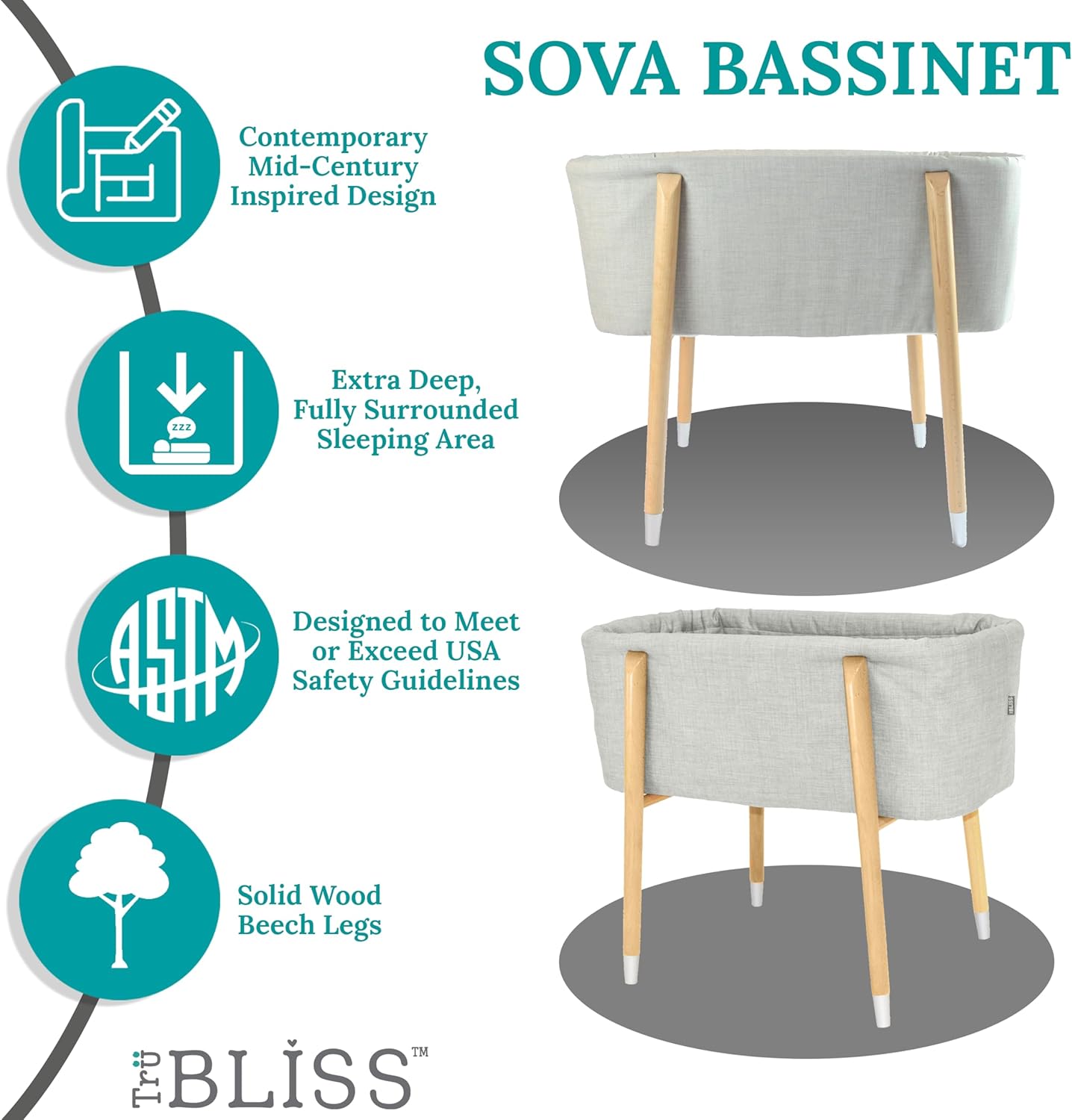 Sova Portable Baby Bassinet, Mid-Century Design with Extra Deep Walls for Newborns and Babies Safety, Includes 2 Fitted Sheets and Padded Mattress (Glacier Grey)