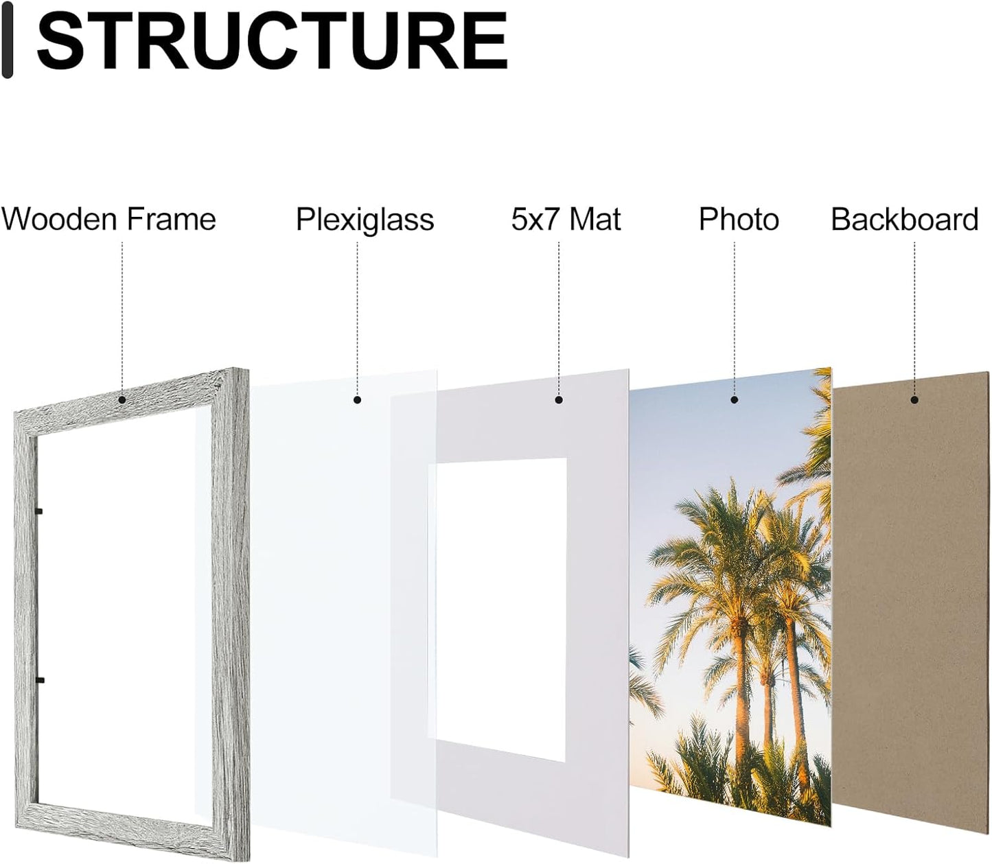 Vittanly 8x10 Picture Frames Set of 9, Shatter Resistant Plexiglass, Display 5x7 Pictures with Mat or 8x10 without Mat, Photo Frames for Wall or Tabletop, Engineered Wood, Grey