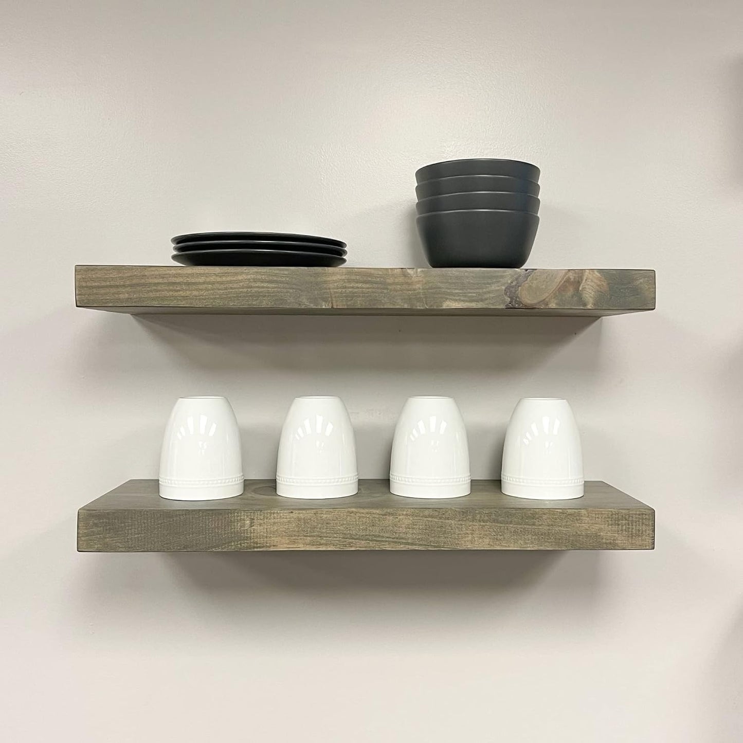 URBANDI, Rustic Floating Shelves, Set of 2, Hidden Bracket, Solid Wood, Heavy Duty, Wall Mounted Shelves, (Grey, 12Wx8D)