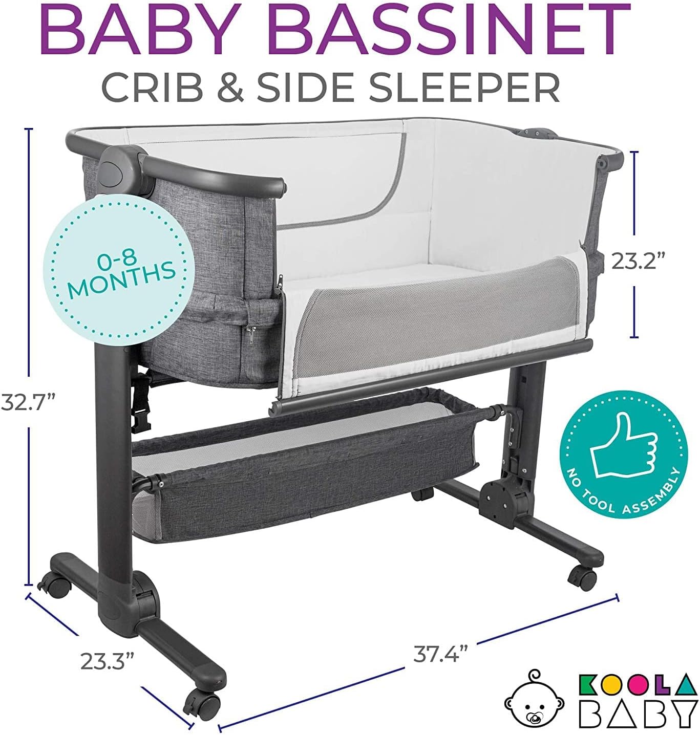 KoolerThings Baby Bassinet, Bedside Sleeper for Baby, Easy Folding Portable Crib with Storage Basket for Newborn, Bedside Bassinet, Comfy Mattress/Travel Bag Included (Bassinet) (Grey)