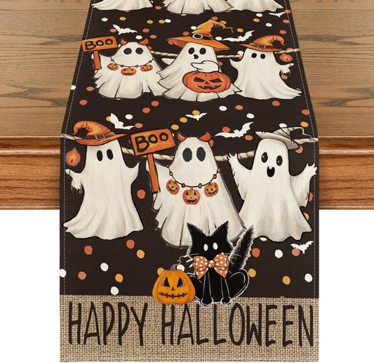 Artoid Mode Ghost Jack-O'-Lantern Black Cat Halloween Table Runner,Holiday Kitchen Dining Table Decoration for Home Party Decor 13 x 120 Inch