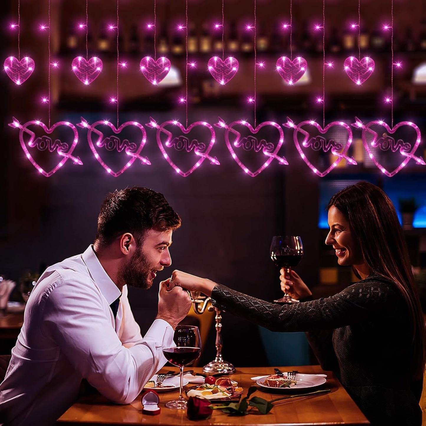 Valentines Day Decor, 138LED Love Heart Curtain Lights with Remote 8 Modes for Bedroom, USB and Battery Powered Valentines Lights for Wedding Birthday Anniversaries Party Decor (Pink)