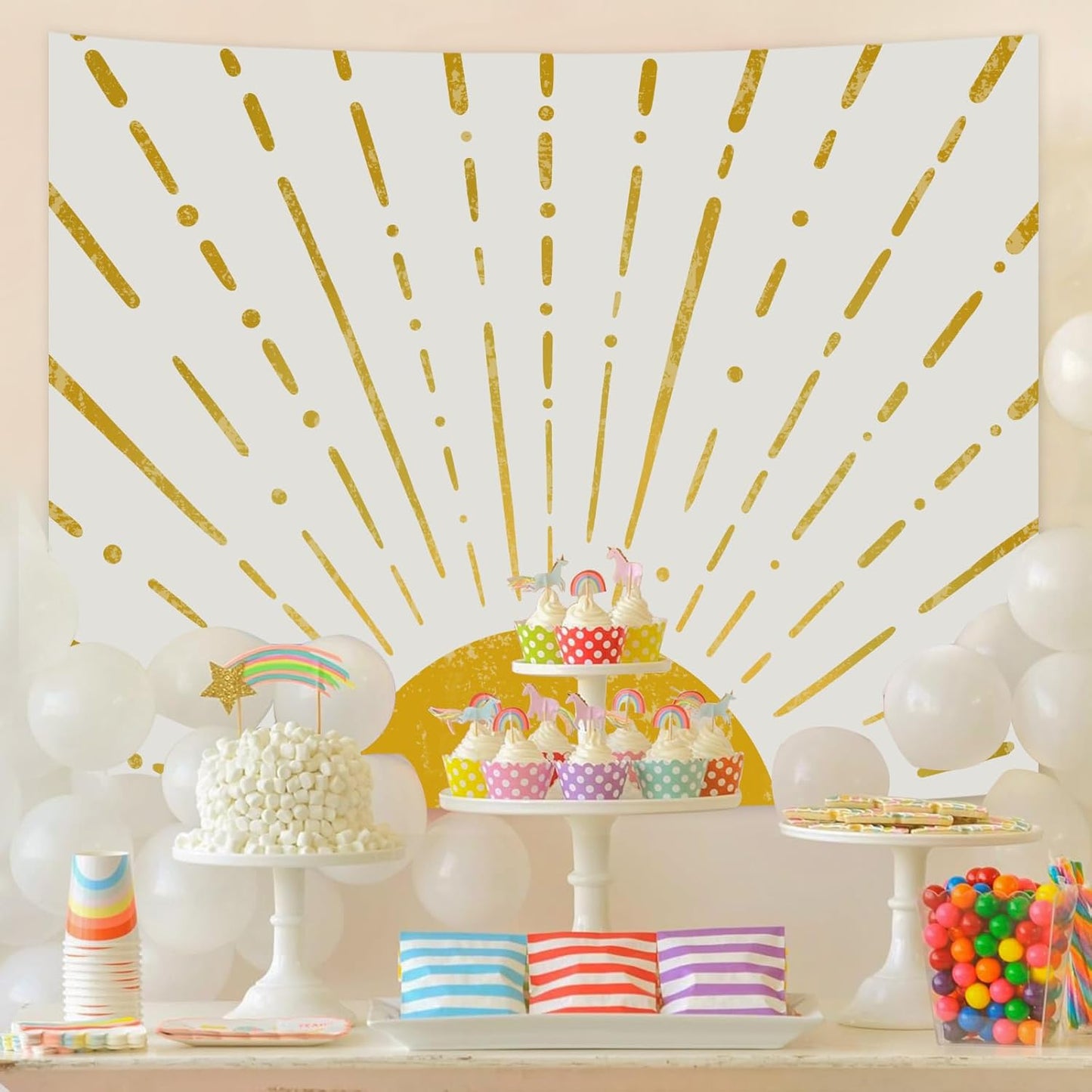 Kanuyee Gold Boho Burning Sun Tapestry Wall Hanging, Retro 70s Abstract Vintage Geometric Line Sunrise Tapestries for Bedroom Living Room Backdrop 36×48 inch