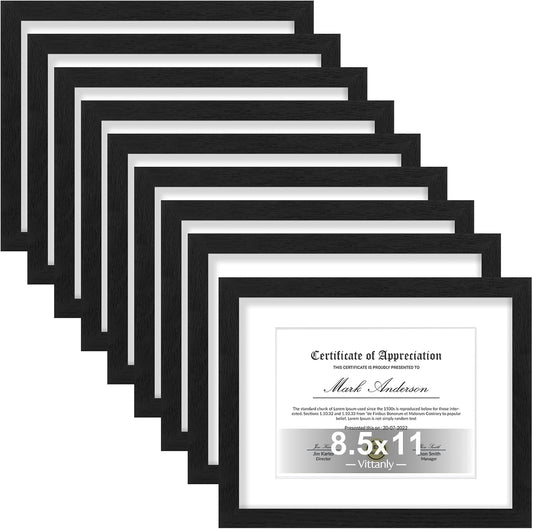Vittanly 8.5x11 Picture Frames Set of 9, Shatter Resistant Plexiglass, Display 6x8 Pictures with Mat or 8.5x11 without Mat, Photo Frames for Wall or Tabletop, Engineered Wood, Black