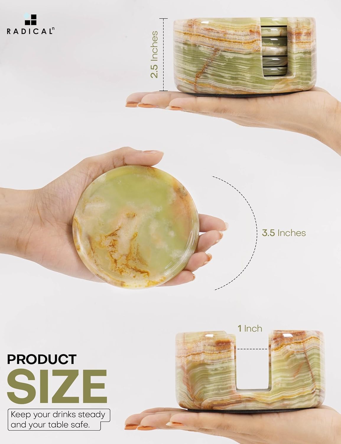 Marble Coasters Set of 6 Green Onyx 3.5 Inch Round Coaster for Drinks with Holder, Drink Coaster for Tabletop & Coffee Table Decor, Ideal Home Decor House Warming Gifts