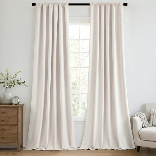 MIULEE 100% Blackout Curtains 102 Inch Long 2 Panels for Bedroom, Thick Luxury Faux Linen Black Out Curtain Room Darkening Back Tab Pleat Window Textured Drapes with Hooks for Living Room, Ivory