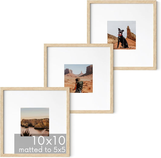 HAUS AND HUES Solid Oak Wood 10”x10” Picture Frames Matted to 5”x5” Set of 3 - Minimalist 10x10 Frame Set, 10x10 Picture Frames, 3 Picture Frame Set for Posters (Beige Oak Frames)