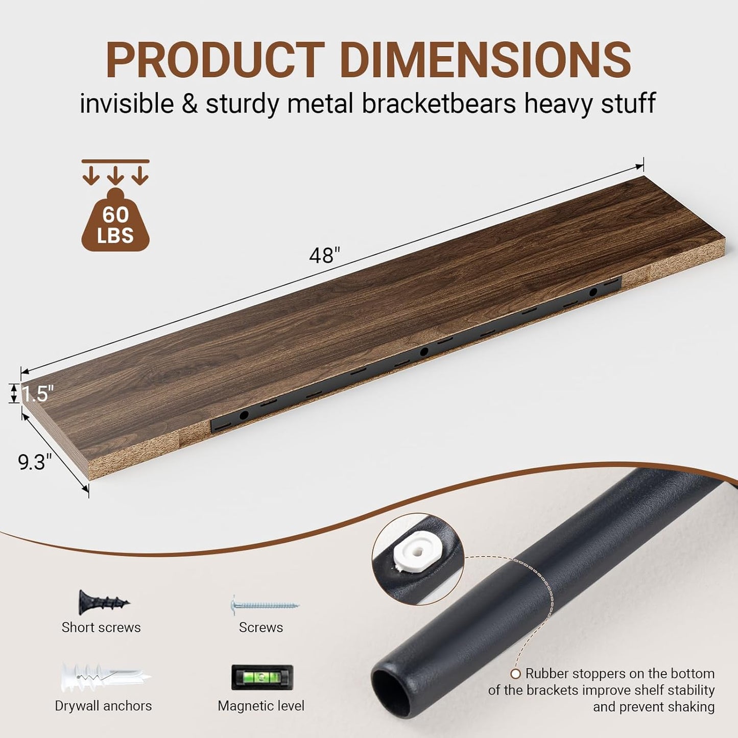 Heimlove Floating Shelves for Wall 48 Inches Long,9.3" Deep Walnut Floating Shelf Set of 2,Wall Mounted Wood Shelves for Bathroom Bedroom Living Room Kitchen Office,Shelf for Books Storage Room Decor