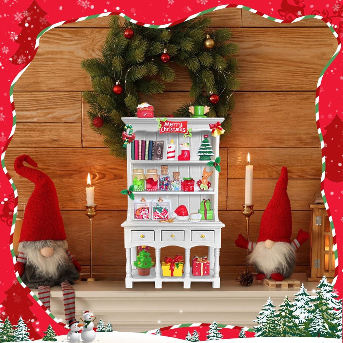 Dollhouse Miniatures Accessories 1/12 Scale, 34pcs White Wooden Bookshelf Furniture Kit - Mini Books&Gift Boxes, Candy Jars, Christmas Tree&hat, Dollhouse Christmas Decorations for Kids