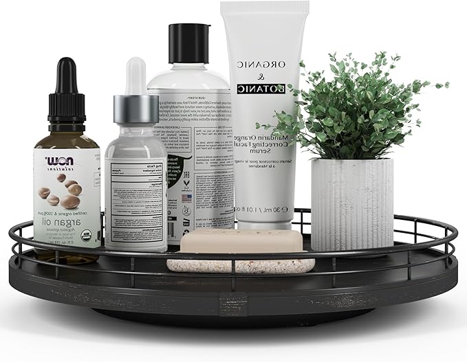 12" Oak Bathroom Vanity Tray Turntable for Perfume Candle, Round Wooden Decorative Tray for Kitchen Sink Countertop Organizer, Bathroom Counter Organizer for Skincare Makeup, Farmhouse Black Gold