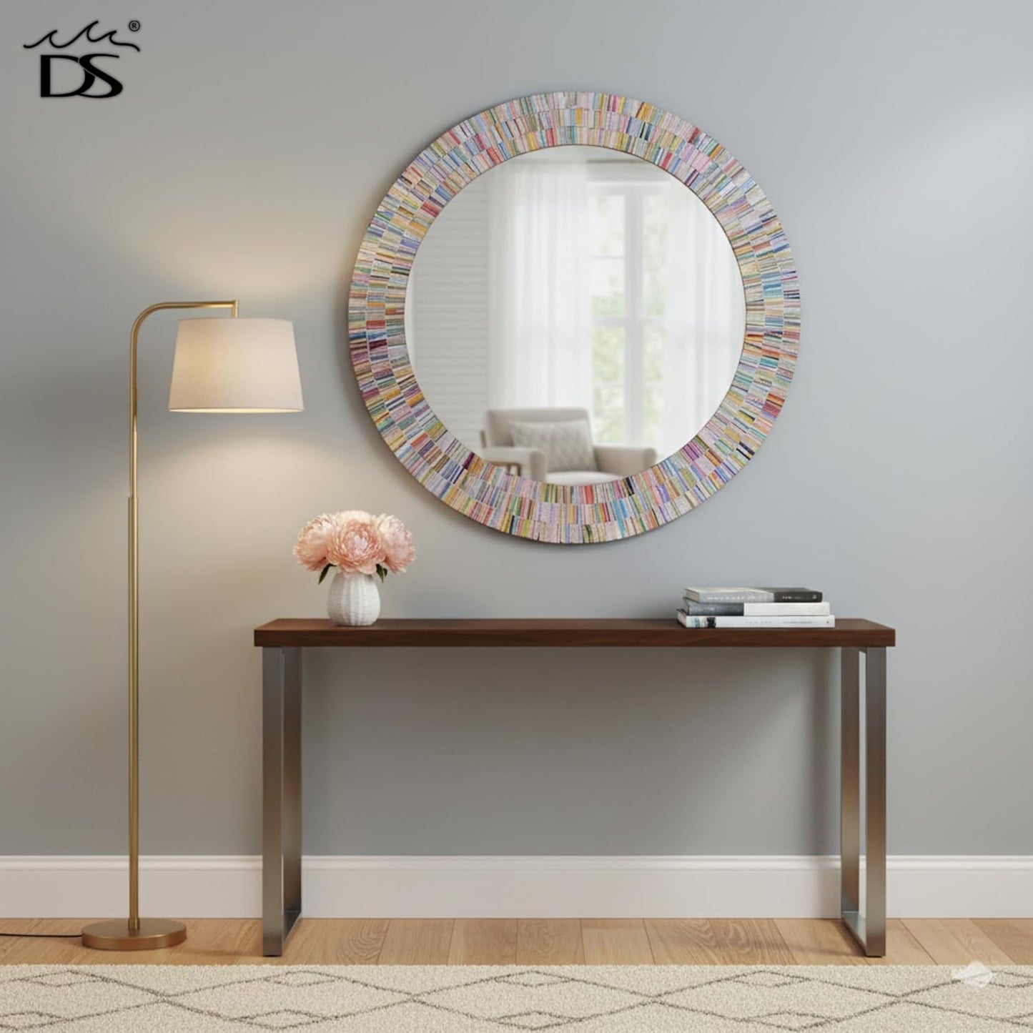 Bohemian Rainbow Wall Mirror -Glass Mosaic Mirror Decorative Wall Mirror, Multi Color Spectrum Wall Mountable, 24" Multi-Color Round Framed Mirror