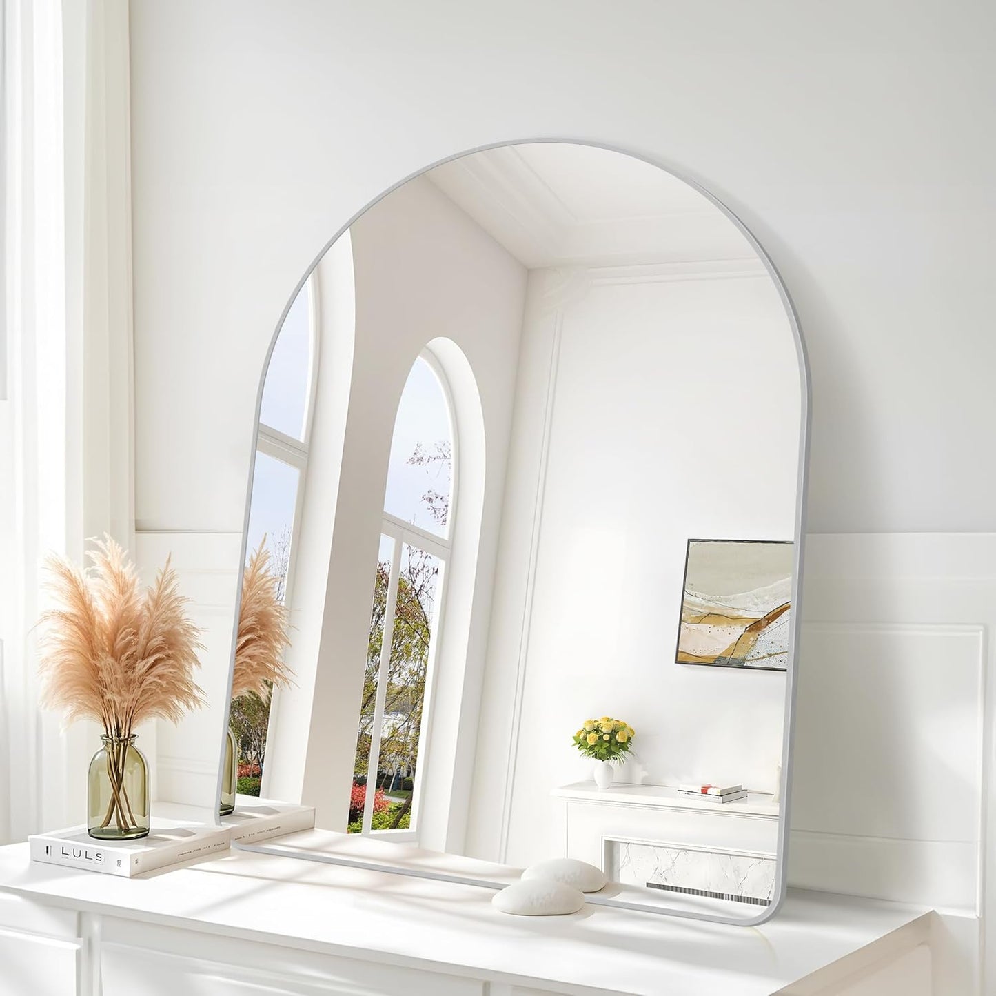 Arched Bathroom Mirror, 30"x40" Silver Arched Mirror, Wall Mounted Mirror, Silver Vanity Wall Mirror w/Metal Frame for Bedroom, Entryway, Living Room, Vertically Hanging or Leaning Against