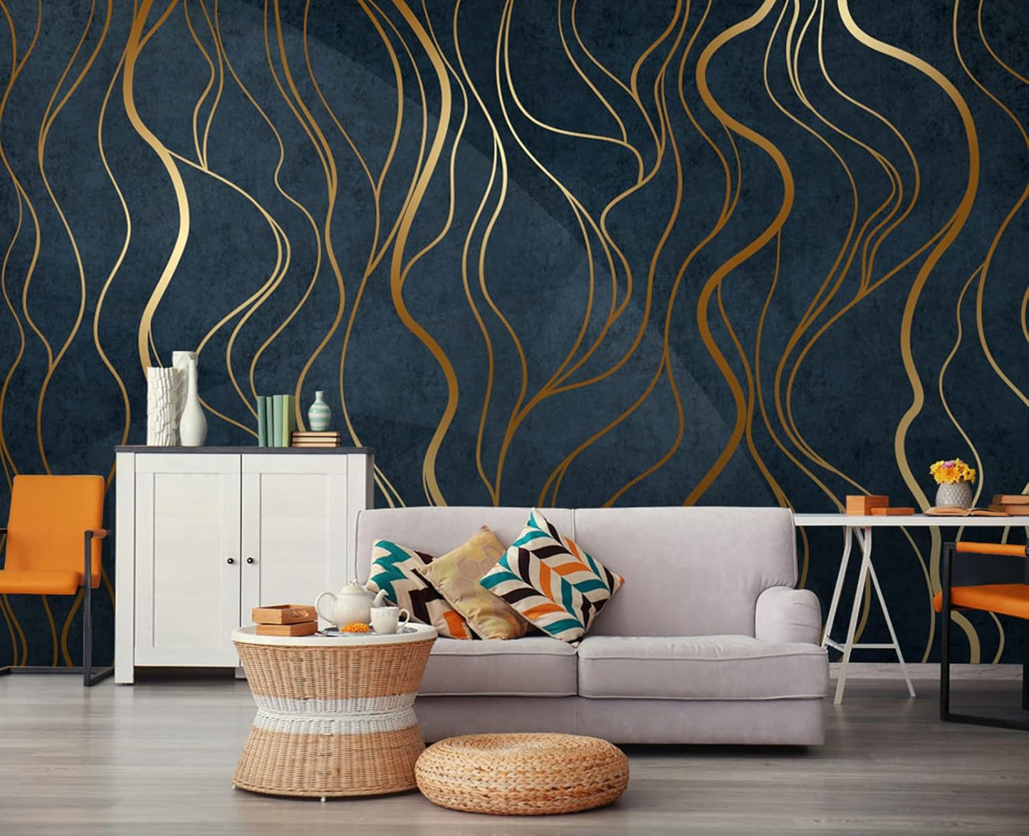 Simple Golden Lines Wall Mural Wallpaper for Bedroom 103" x 69"