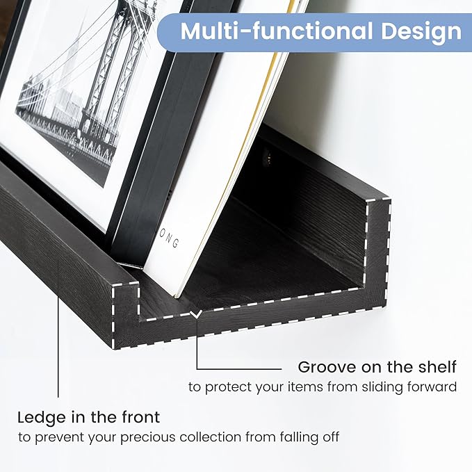 Picture Ledge Wall Shelves - 16 Inch Width Set of 3, Solid Pine Wood Rustic Floating Ledge Shelves for Kids' Room, Bedroom, Kitchen, Bathroom, Living Room, Nursery Display Decor, Black