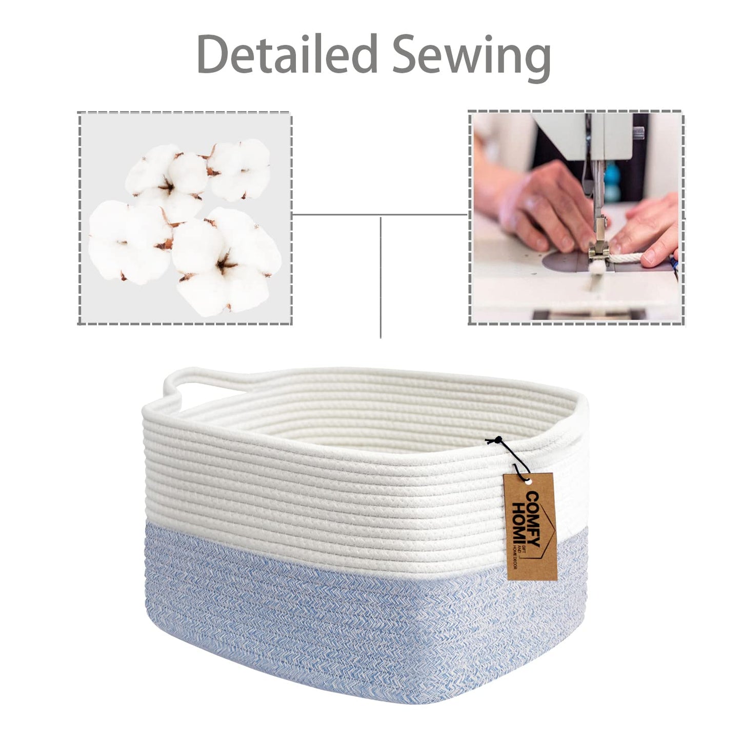 COMFY-HOMI Cotton Rope Woven Basket with Handles for shelf，Toy, Book, Cloth Storage Basket for Organizing-13.5"X11"X9.5" Storage Bin for Living Room, Newborn or Infant Gift for boy girl （White/blue）