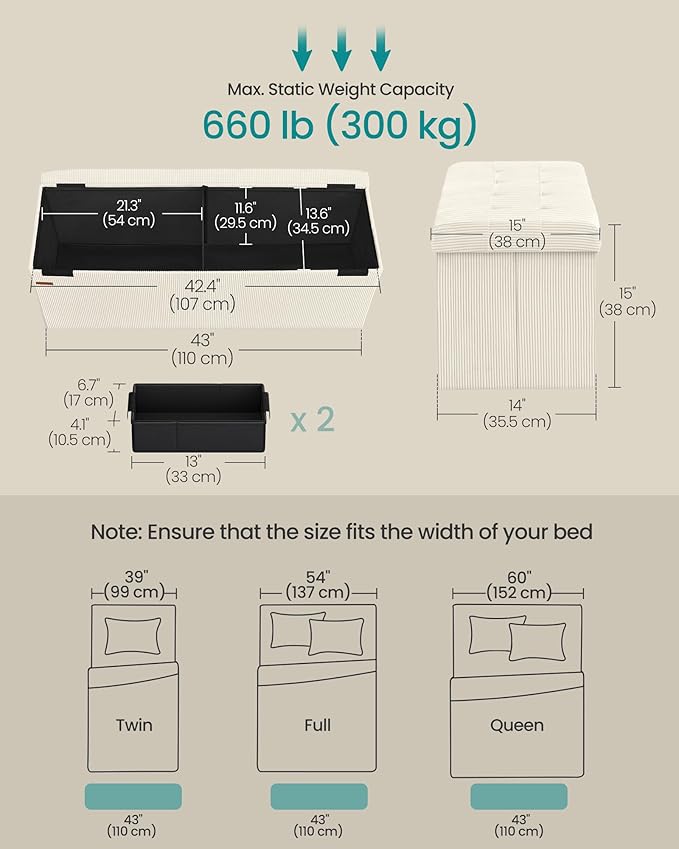 SONGMICS MAZIE Collection - Storage Ottoman Bench, Foldable Foot Rest, 15 x 43 x 15 Inches, End of Bed Bench, Storage Chest, Load 660 lb, Living Room, Bedroom, Entryway, Cream White ULSF604W01