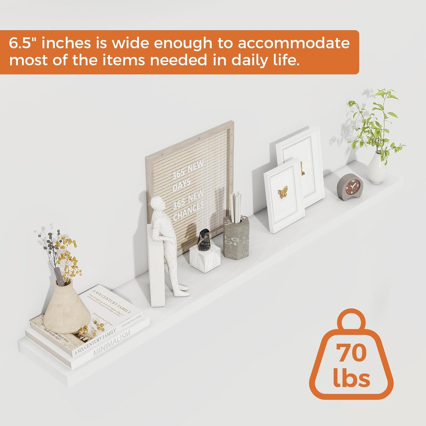 White Floating Shelves for Wall, 48 Inch Floating Shelves for Home Decor, Wall Mounted Rustic Wood Shelves, Bathroom, Hanging Deep Shelf for Bedroom, Living Room, Kitchen, 2 Packs