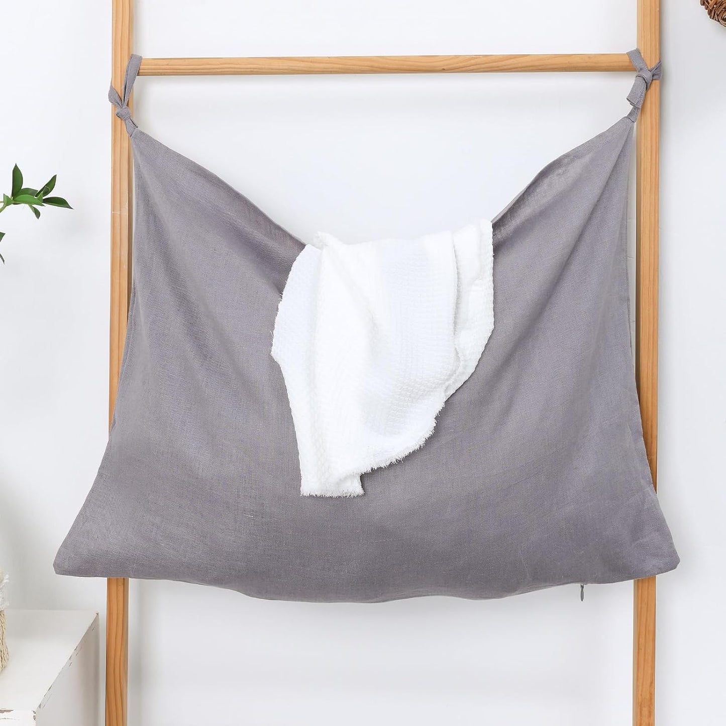 Hanging Linen Laundry Bag, 100% Pure Flax Linen Over The Door Hamper with Bottom Zipper for Laundry Room, Household Dirty Cloth Storage Organizer Bag, Gray