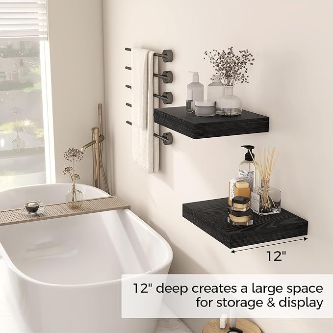 Fun Memories 12 Inch Floating Shelf, Rustic Wood Wall Shelves for Wall Decor & Storage, 12 x 12 Floating Shelf for Living Room, Bathroom, Bedroom, Black, Set of 2