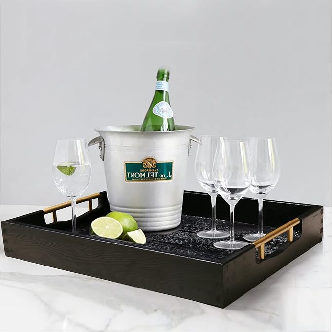 LotFancy Wood Serving Tray, 17x13”, Large Ottoman Tray with Metal Handles, Decorative Wooden Tray for Living Room, Ottoman, Coffee Table, 2 Skidproof Coasters Included, Black