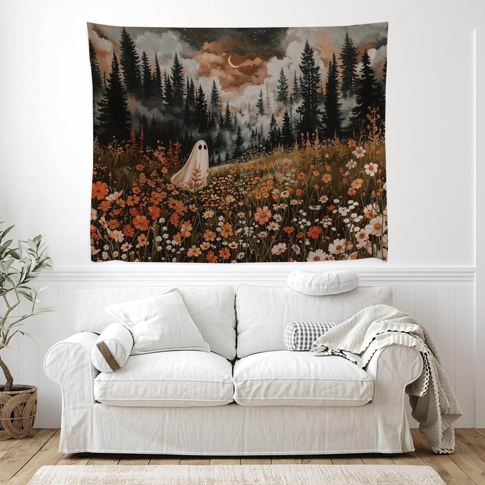 Spooky Fall Forest Art Halloween Tapestry Wall Hanging Cute and Funny Forest Flower Ghost Tapestry for Bedroom Whimsical Dark Academia Aesthetic Tapestries for Home Living Room Decor 30x40inch