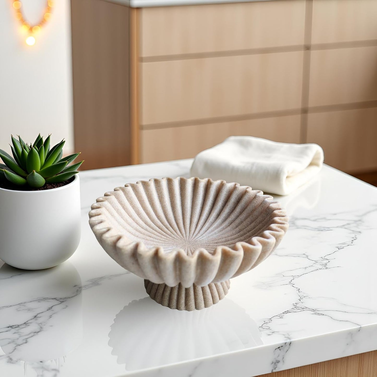 10" Large Decorative Bowl decor, Scalloped Bowls for Modern Home Decor,Ruffle Decor,Stylish Key Bowl for Entry Table,Decorative Fruit Bowl for Kitchen Counter,With base,Artificial Stone Beige