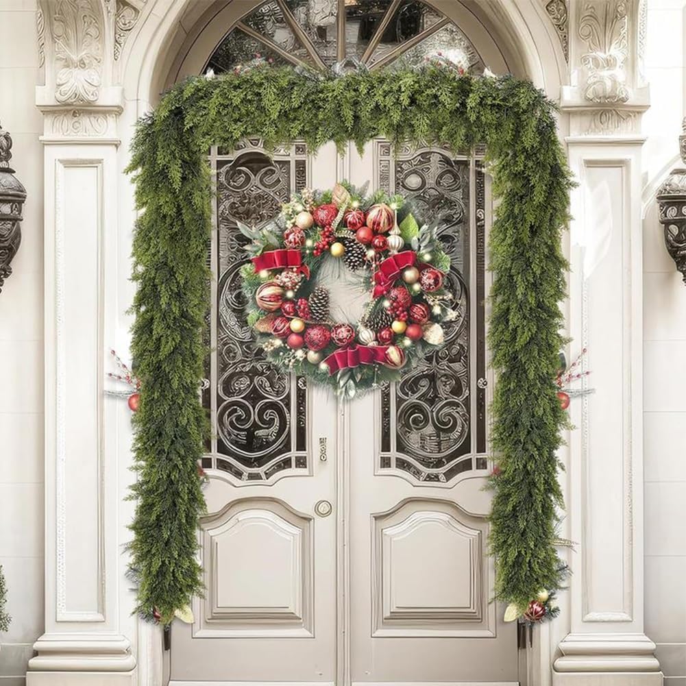 6 Ft Artificial Cedar Garlands – Real Touch Winter Greenery, Realistic Artificial Cedar Tree Christmas Pine Garland Decorations for Table Mantle Wall Indoor Fireplace Holiday Party (9ft, 1)