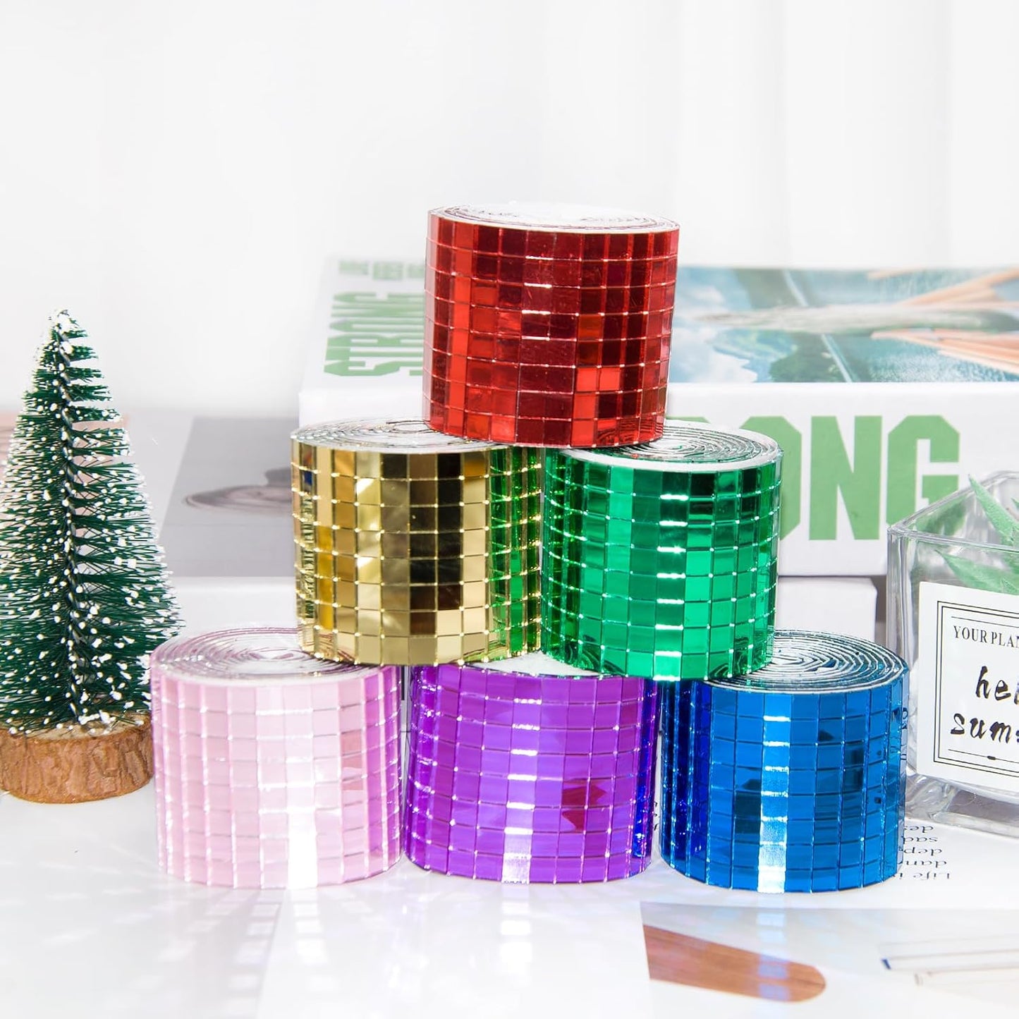 Self Adhesive Mosaic Tiles, 3200 Pieces Disco Ball Tiles, 5 x 5 mm Glass Mirror Mosaic Tiles, Square Mirror Tiles Sticker for DIY Vase, Art Collage, Photo Frames, Home Party 2 Rolls (Black)