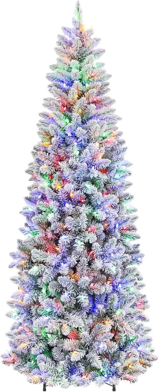 Hykolity 6 ft Prelit Snow Flocked Pencil Slim Christmas Tree, 544 PVC Branch Tips, 200 Color Changing LED Lights, Metal Stand and Hinged Branches, 10 Color Modes