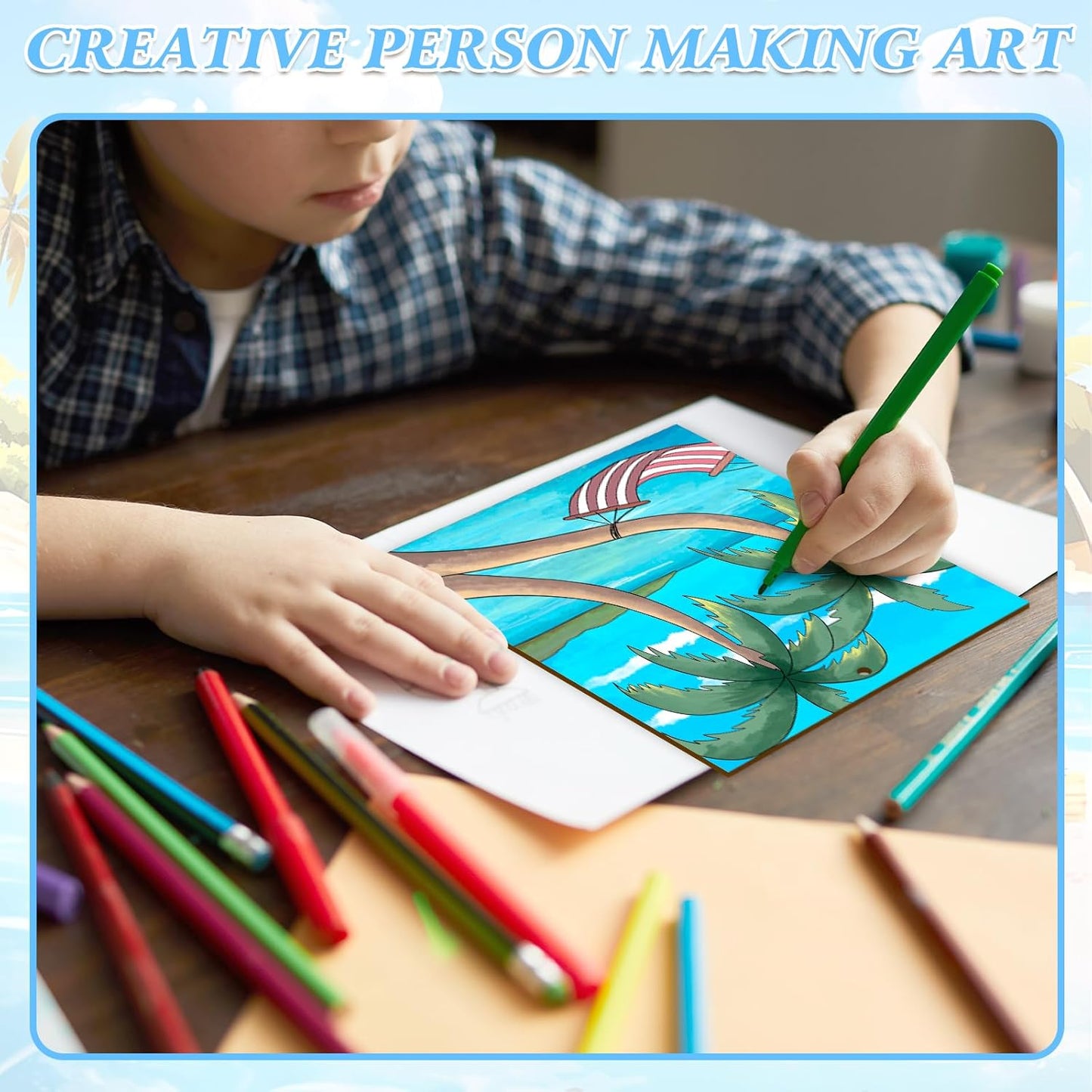 COCHIE 10 Pieces Large Summer Unfinished Wood Crafts to Paint for Adults and Kids, Bulk Predrilled Wooden Ornaments for Painting, Beach Paintable Wood Slices Craft Supplies with Ropes