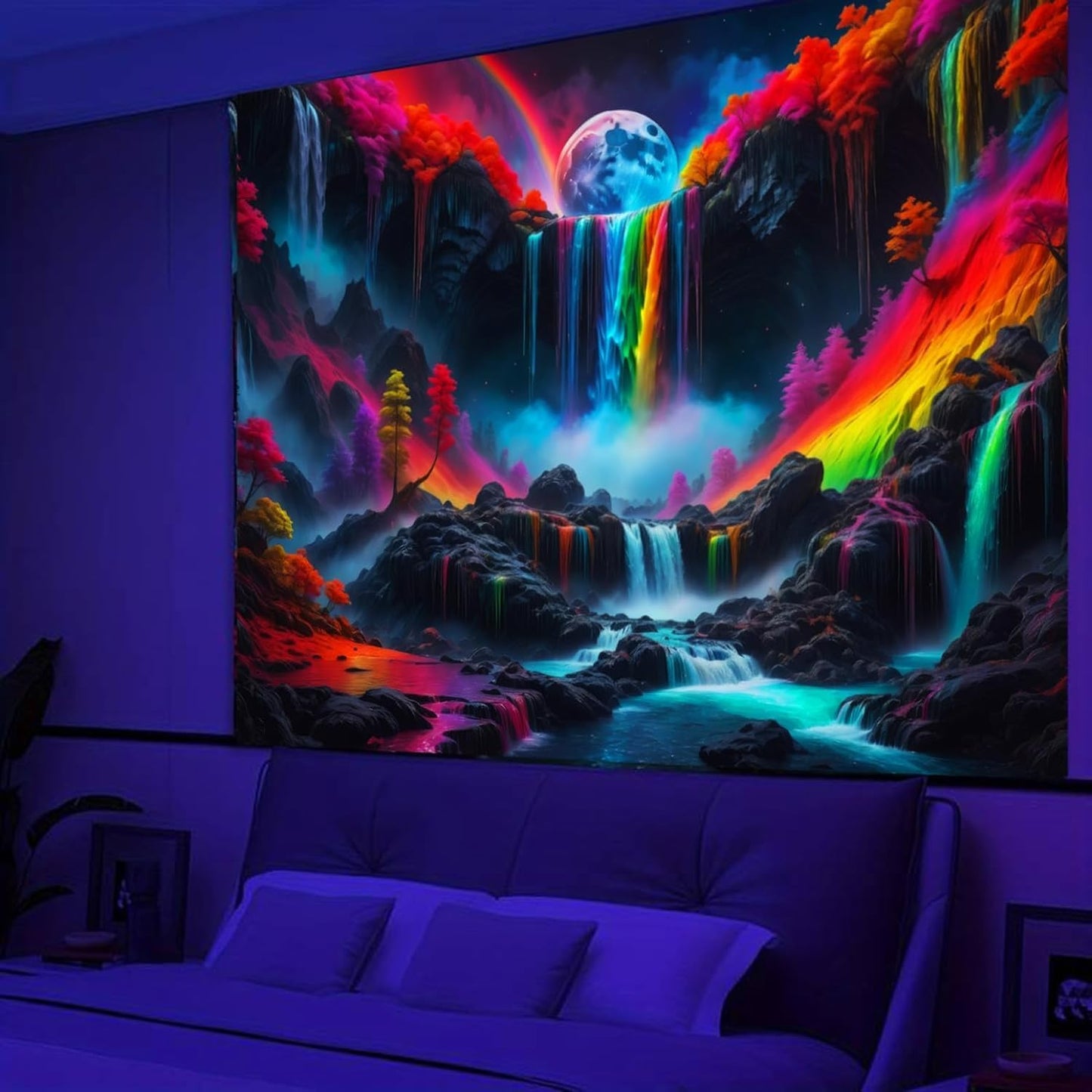 SparkLia Blacklight Waterfall Planet Tapestry, UV Reactive Glow in the Dark Fantasy Landscape Mountain Wave Neon Nature Wall Hanging Tapestries for Bedroom - 90 x 70 inches