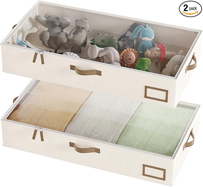 Under Bed Storage Containers, 2-Pack Underbed Storage Box, Collapsible Clothes Storage Bins with Handles and Lid, Medium Under Bed Organizers for Shoe, Blanket, Toy, Pillow, Sheet, Beige