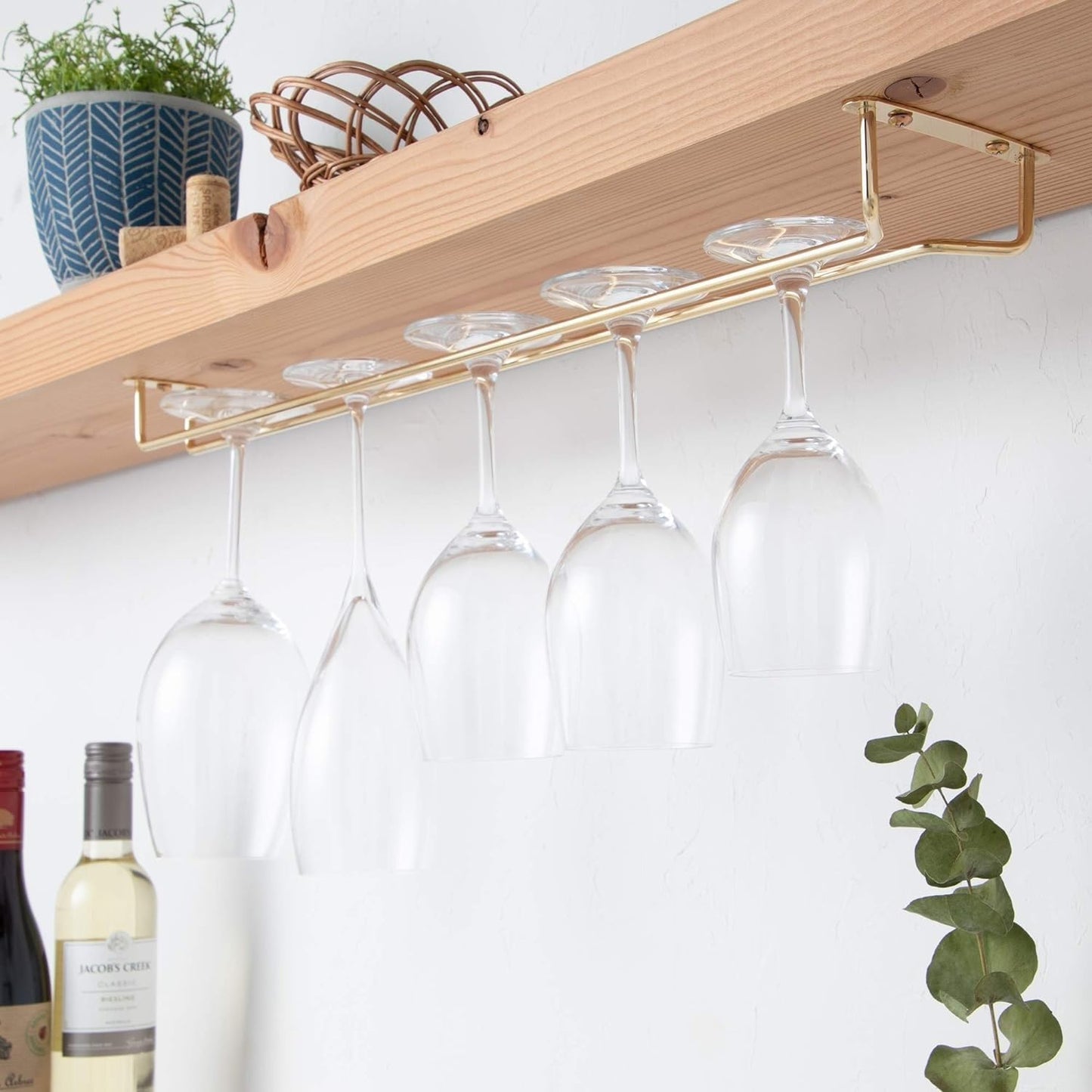 Soro Essentials- 24" Glass Hanging Stemware Rack Brass Plated Set of 2- Wine Glass Hangers Under Shelf Cabinet Wire Wine Holder Storage Hanger for Cabinet Kitchen Bar or Home