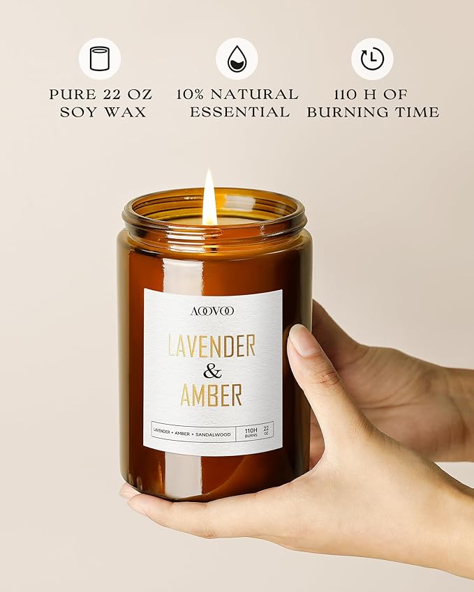 AOOVOO Lavender Amber Candles - 22 oz Scented Candles, Aromatherapy Candle, Soy Candle for Home Scented