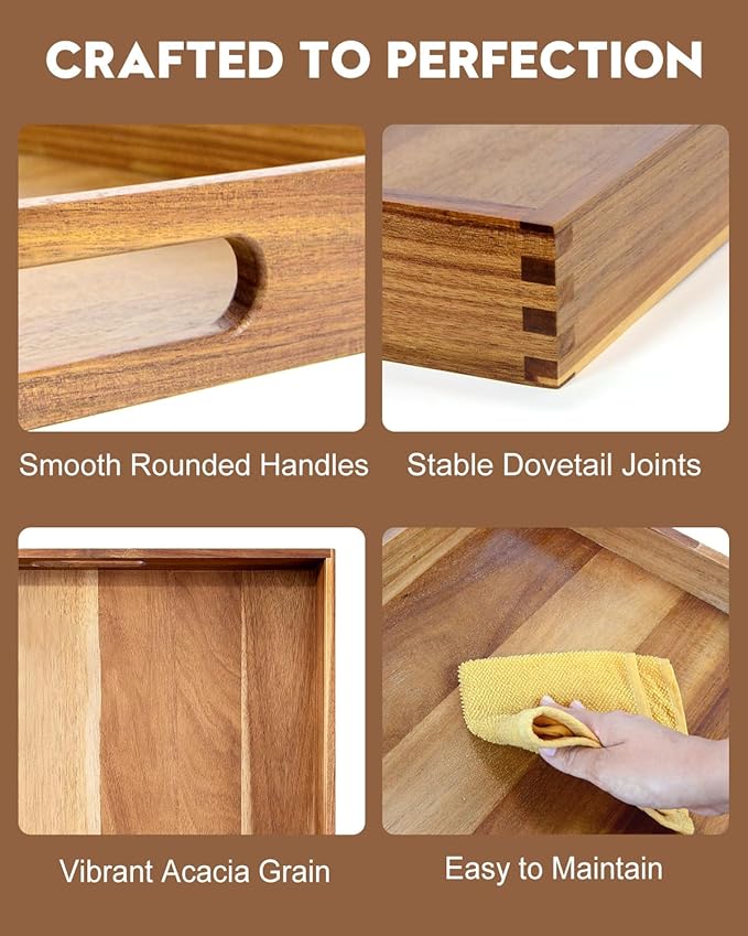 20 Inches Square Acacia Wood Ottoman Tray, Extra Large Wooden Serving Tray with Handles for Living Room, Serving Food Breakfast, Ottoman Coffee Table Couch Sofa Kitchen